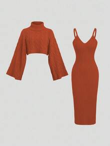 Sweetra Bộ 2 áo len dệt kim ấm áp thường ngày cho nữ và chân váy dài, áo crop top tay dài cổ cao dáng rộng và chân váy, thời trang Thu/Đông - trái cam - Xem 3