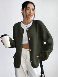 SHEIN Unity 纯色前扣休闲保暖长袖夹克，秋冬 - 軍綠色 - 查看 4