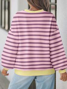EMERY ROSE Sudadera de manga larga con estampado gráfico a rayas rosa y amarillo para mujer talla grande, adecuada para otoño/invierno - Multicolor - Ver 2