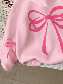 SHEIN 女童休闲可爱蝴蝶结装饰宽松圆领舒适针织长袖运动衫，奶油粉色，适合秋冬季 - 彩色 - 查看 4