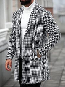 Manfinity Homme 男士纯色双排扣休闲长袖大衣，秋冬季，优雅千鸟格运动大衣 - 黑與白 - 查看 4