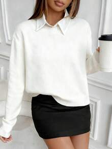 SHEIN Slouchy Solid Color Crew Neck Knit Long Sleeve Sweater - White - View 6