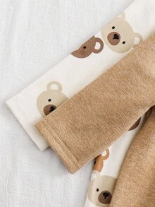 Cozy Pixies Conjunto de 2 piezas de pelele y pantalones de punto suave con estampado de oso de dibujos animados para recién nacido niño - Multicolor - Ver 4