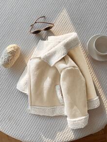 SHEIN Unisex Baby Khaki Patchwork Fluffy Thickened Suit Collar Jacket, Suitable For Baby Boys And Girls In Autumn/Winter - Apricot - View 5