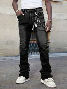 ROMWE MEN Street Life 男式多层口袋褶皱休闲喇叭水洗牛仔裤 - 黑色 - 查看 3