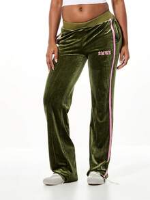 SUMWON WOMEN Velour Wide Leg Joggers With Pink Contrast Stripe And Star Design - Green - View 1