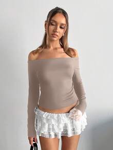 SHEIN EZwear Brązowa, obcisła, swobodna, damska koszulka z golfem z odkrytymi ramionami i długim rękawem, idealna na jesień - Morela - Zobacz 5