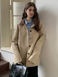 Dazy Kids 少女纯色长袖单排扣休闲口袋风衣，秋季 - 卡其色 - 查看 7