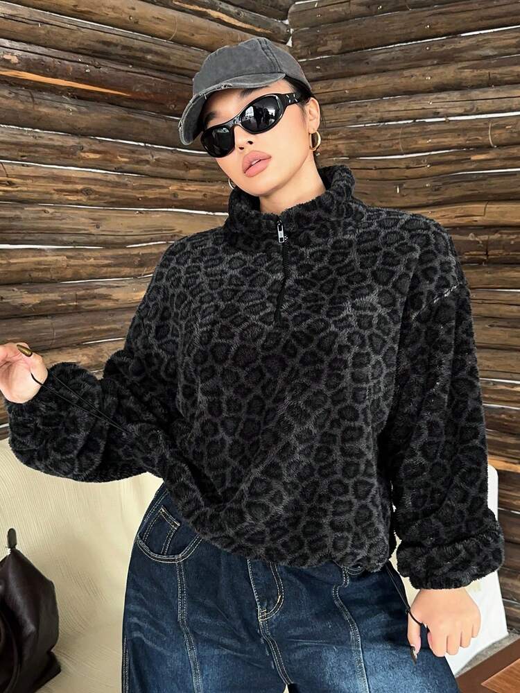 Dazy Plus Leopard Print Zip-Up Loose Pullover Sweatshirt, Thick Thermal Lined, Street Style, Plus Size Women, Autumn/Winter