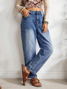EMERY ROSE 女式宽松直筒口袋休闲百搭牛仔裤 - 藍色 - 查看 3