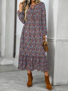 EMERY ROSE 女式随机印花长袖连衣裙 - 紅色 - 查看 3