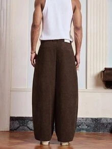 SWAVVY 男式纯色褶皱腰带环灯芯绒口袋宽松长裤 - 棕色 - 查看 4