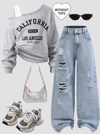 Tween Girl Y2K Style Vintage Dark Wash Distressed Ripped Loose Straight Leg Jeans, Soft & Comfortable Fabric, Versatile, Denim Loose Ripped Jeans