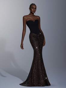 Elitara 优雅、浪漫、性感、时尚、简约、黑色、亮片拼接、弹性面料、节日、度假、生日、派对、婚礼活动、正式晚宴礼服 - 黑色 - 查看 4