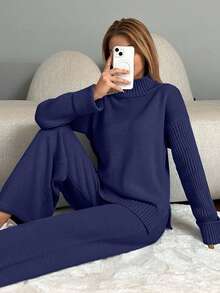 EURMUSE Conjunto de suéter con abertura en el bajo y pantalones de punto de mujer casual de otoño e invierno de talla pequeña - Azul Marino - Ver 5
