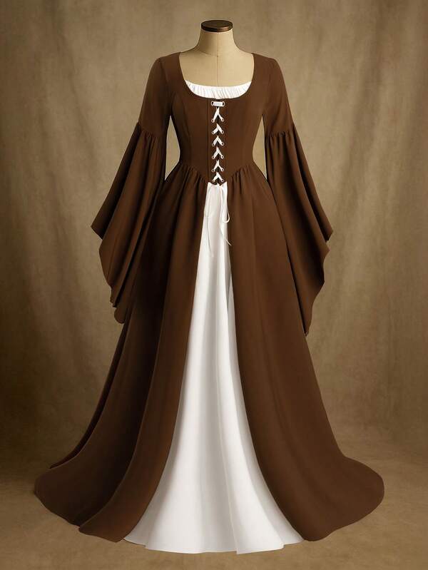 Lyrianda Frühling/Herbst, Winter, Frühling/Herbst, Herbst/Winter, Retro französischer ästhetischer quadratischer Kragen Farbblock Schnürung Fledermausärmel 2 in 1 mittelalterliches gotisches Ösen Schnürung Taille gefaltetes Swing Kleid, Große Größe