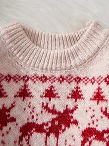 SHEIN Young Girl' Khaki Colored Fashionable Red Deer Pattern Crew Neck Long Sleeve Sweater Autumn Fall - Khaki - View 10