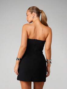 MISSGUIDED Strapless Bandeau Mini Dress With Red Crystal Embellished Button Details Bodycon Party Evening - Black - View 2