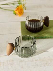 Cirelle 1pc Transparent/Grey Wooden Handle Glass Cup Back To School - Army Green - View 2