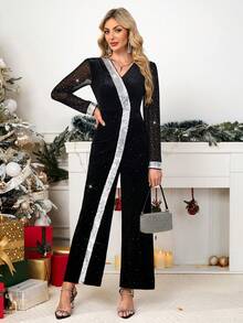 Gownix Czarny aksamitny kombinezon z rozpryskami i srebrnymi cekinami, z dekoltem w serek i długim rękawem, elegancki i modny na imprezę