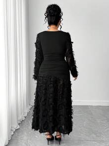 Elenzga 大码女式优雅拼布刺绣3D花卉连衣裙，秋冬 - 黑色 - 查看 2