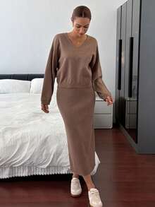 DAZY 女式纯色 V 领落肩长袖毛衣和针织中长裙两件套休闲套装，秋冬 - 咖啡棕 - 查看 4
