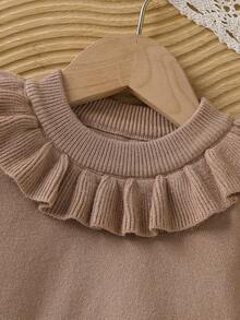 女婴休闲纯色荷叶边下摆毛衣，秋冬 - 卡其色 - 查看 3