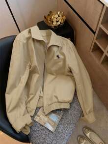 Airaco 休闲宽松拉链撞色图案印花长袖夹克 - 卡其色 - 查看 3