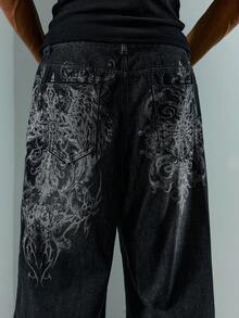 ROMWE MEN Goth 男式印花口袋宽松牛仔裤 - 黑色 - 查看 2