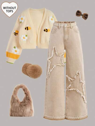 SHEIN Girlism 少女时尚休闲 Y2K 复古酷炫街头风回归校园学院风流苏星形拼接设计卡其色宽松牛仔裤柔软日常穿着秋冬锐舞节和街头服饰