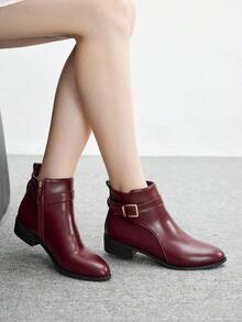 CUCCOO BIZCHIC 新款圆头防滑厚底平底女式复古踝靴，酒红色欧美风中筒靴，女式 - 酒紅色 - 查看 4
