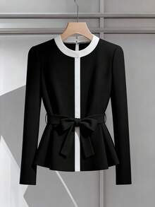 Franclia قميص أنيق للنساء بأكمام طويلة وحزام بلون...