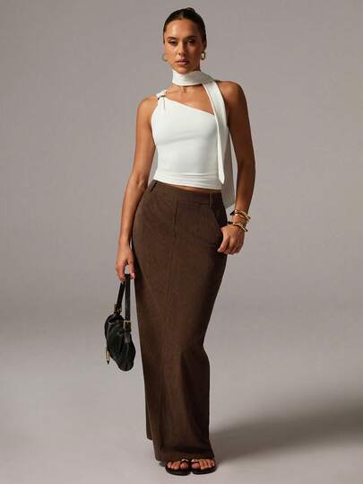 Avenya Brown Corduroy Floor Length Skirt, Elegant, Fashionable, Formal, Going Out, New Year, Fall/Winter, Office Siren, Minimalist, Basic, Cinching Waist, Office Wear Women, Bachelorette, Suitable For Commuting, Leisure, Girlfriends Gathering, Campus Wear, Multiple Occasions, Casual, Business Casual Women, Fall, Halloween, Christmas, Going Out, Academic Atmosphere, Party, Birthday, Homecoming