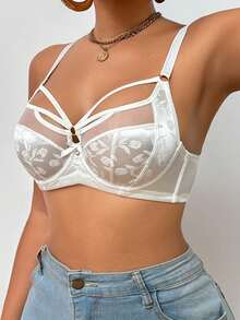 1 件女士花卉提花镂空设计时尚钢圈文胸 - 白色 - 查看 9