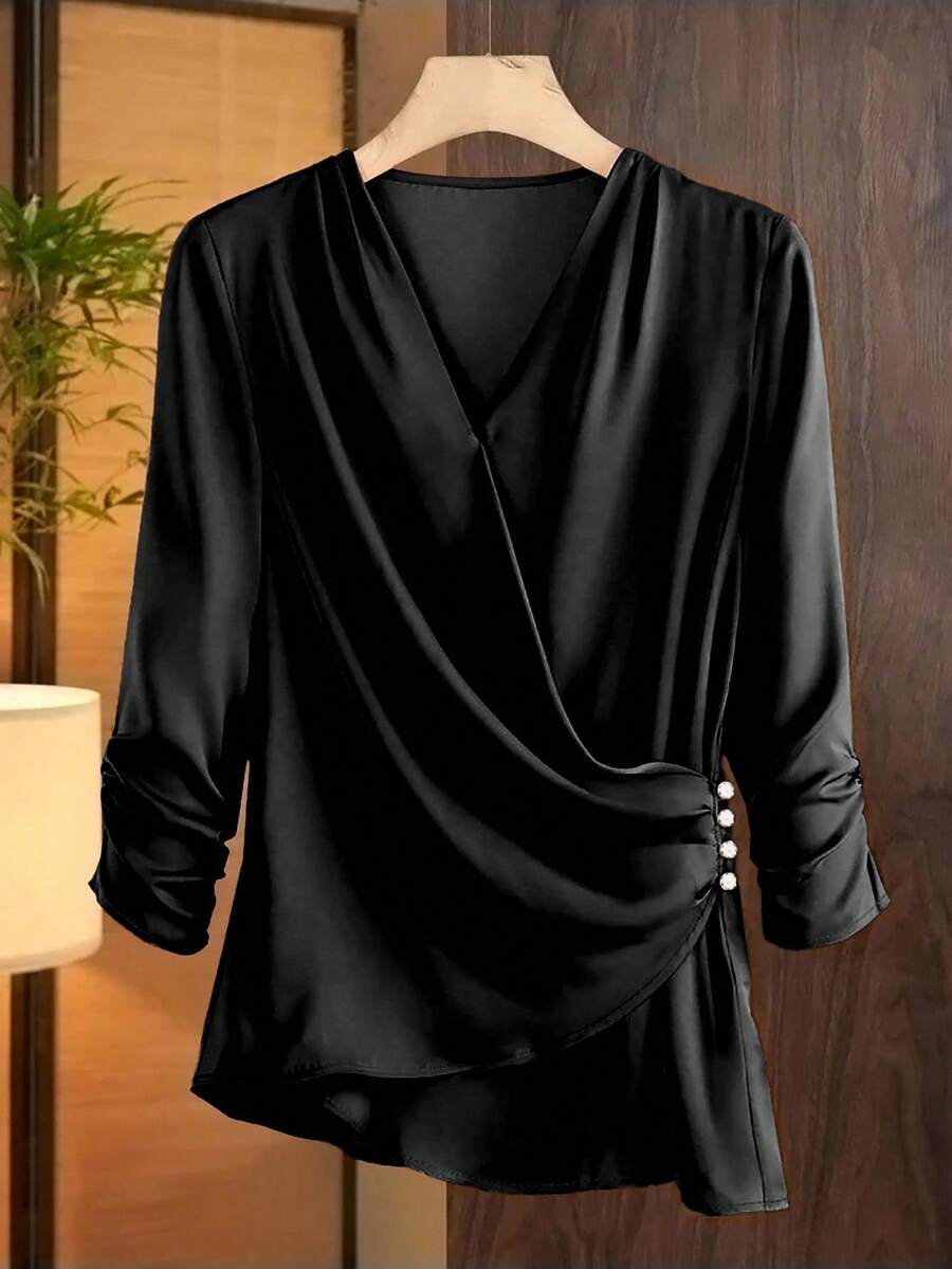SHEIN Franclia 女士时尚纯色不对称优雅衬衫 - 黑色 - 查看 1