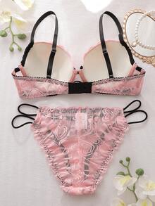 DelicateAllure 粉色和黑色蕾丝内衣套装，镂空钩针工艺，性感细肩带设计，亲肤又贴心 - 粉色 - 查看 2