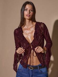 SHEIN BAE 女士蕾丝性感深V领透视镂空荷叶边长袖上衣，酒红色，适合秋冬季节、亡灵节、红色上衣、女士红色上衣、情人节等场合。 - 酒紅色 - 查看 7