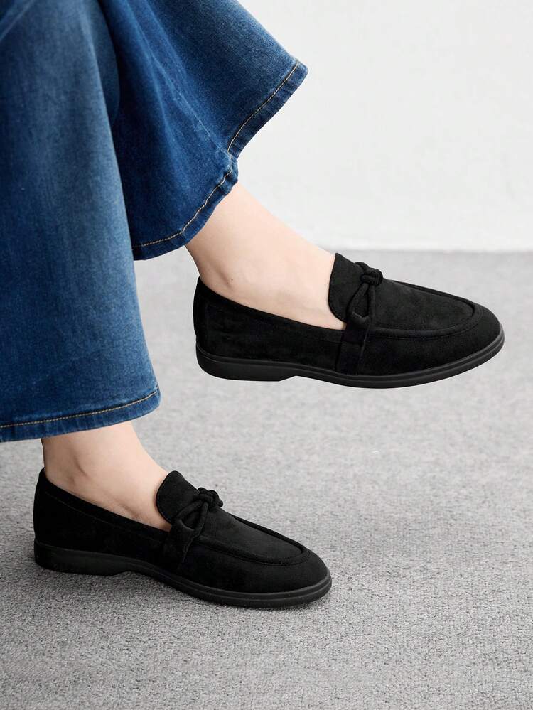CUCCOO BIZCHIC Women's Fashion Black Suede Bow Design Comfortable Casual Loafers, Suitable For Commuting, Outdoor, Travel, Shopping, Work, And Daily Wear Spring Shoes