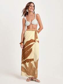 CAJUNI 女式波西米亚热带风棕色和米色印花休闲夏季沙滩泳衣罩衫纱笼裙 - 咖啡棕 - 查看 5