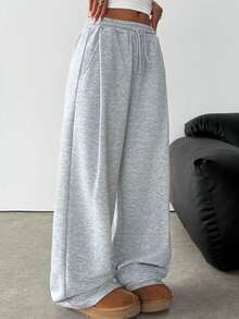 SHEIN Teen Girl Knitted Loose Casual Drawstring Pocket Wide Leg Sweatpants, Light Gray Comfy Pants Grey Sweat Pants Cute Sweat Pants