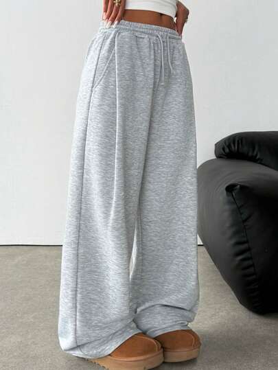 SHEIN Teen Girl Knitted Loose Casual Drawstring Pocket Wide Leg Sweatpants, Light Gray Comfy Pants Grey Sweat Pants Cute Sweat Pants