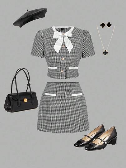 SHEIN MOD Women's 2-Piece Retro Elegant Colorblock Black And White Houndstooth Bow Tie Blazer And Mini Skirt Set, Winter Women's Coat, Autumn Two Pieces Suit, Business Casual Women's Wear,Old Money Outfit Women,Winter Outfit Women,Retro Outfit For Women