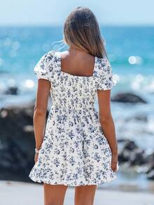 Sylviya 女士牛仔装 复活节连衣裙 女士夏季装 乡村音乐会装 度假装 女士公主风花卉印花泡泡袖方领短裙，女士浪漫田园风，春夏西装女装 可爱夏季短裙 波西米亚风女装 复活节连衣裙 女士各款装扮 女士度假装 - 藍白色 - 查看 2