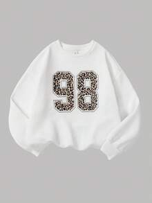 SHEIN Girlism Bộ 2 món áo nỉ cổ tròn in số 98 và quần legging thể thao thường ngày cho bé gái tuổi teen, bộ áo nỉ cổ tròn dài tay thoải mái và quần bó 2 món, phù hợp cho mùa thu/đông - Đen và trắng - Xem 10