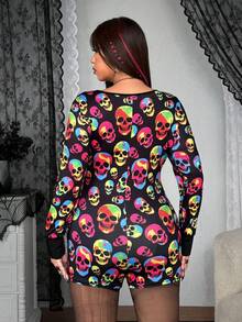 Whyspr Grunge Punk Plus Size Women Skeleton Print Y2K Colorful Skull Jumpsuit, Punk Goth Style For Autumn/Winter Halloween - Multicolor - View 5