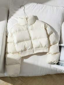 SHEIN 青少年女孩简约舒适时尚超大短款立领棉衣，超级保暖 - 白色 - 查看 6