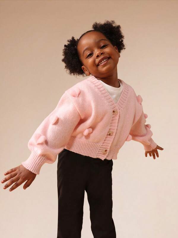 SUMWON Chaqueta de punto corta con botones rosa para niñas, con pompones en forma de corazón y mangas largas