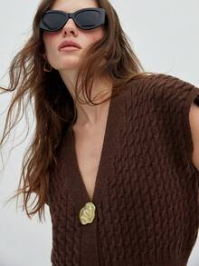 Aveloria Modichic Áo len cardigan dệt kim cổ chữ V phía trước và viền xẻ tà phong cách Châu Âu & Mỹ thanh lịch cho quý cô thoải mái thanh lịch không đối xứng - Cà phê nâu - Xem 5