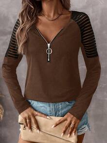 SHEIN LUNE Women's Autumn Splice Shoulder Zip V-Neck Raglan Long Sleeve Casual Knit T-Shirt - Brown - View 6