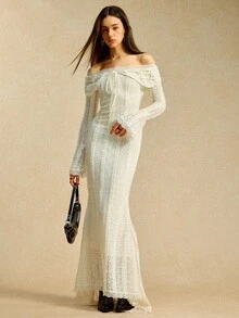 Easelle 复古游牧风露肩收腰喇叭袖浪漫优雅女式连衣裙 - 杏色 - 查看 2